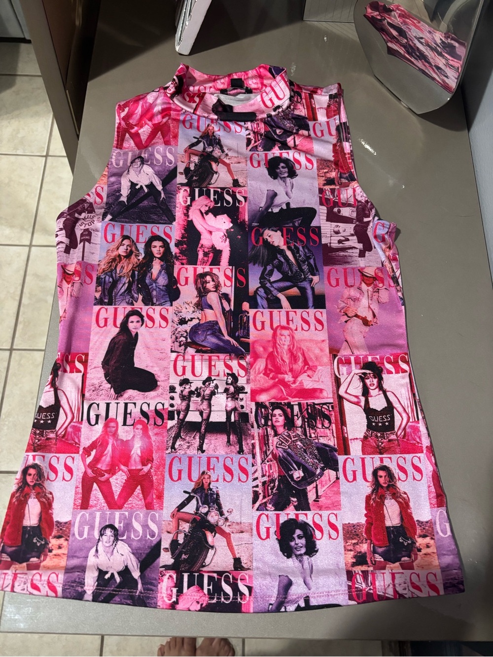 Guess Pink Multi Photo Collage magazine Sleeveless Mock Neck Top S